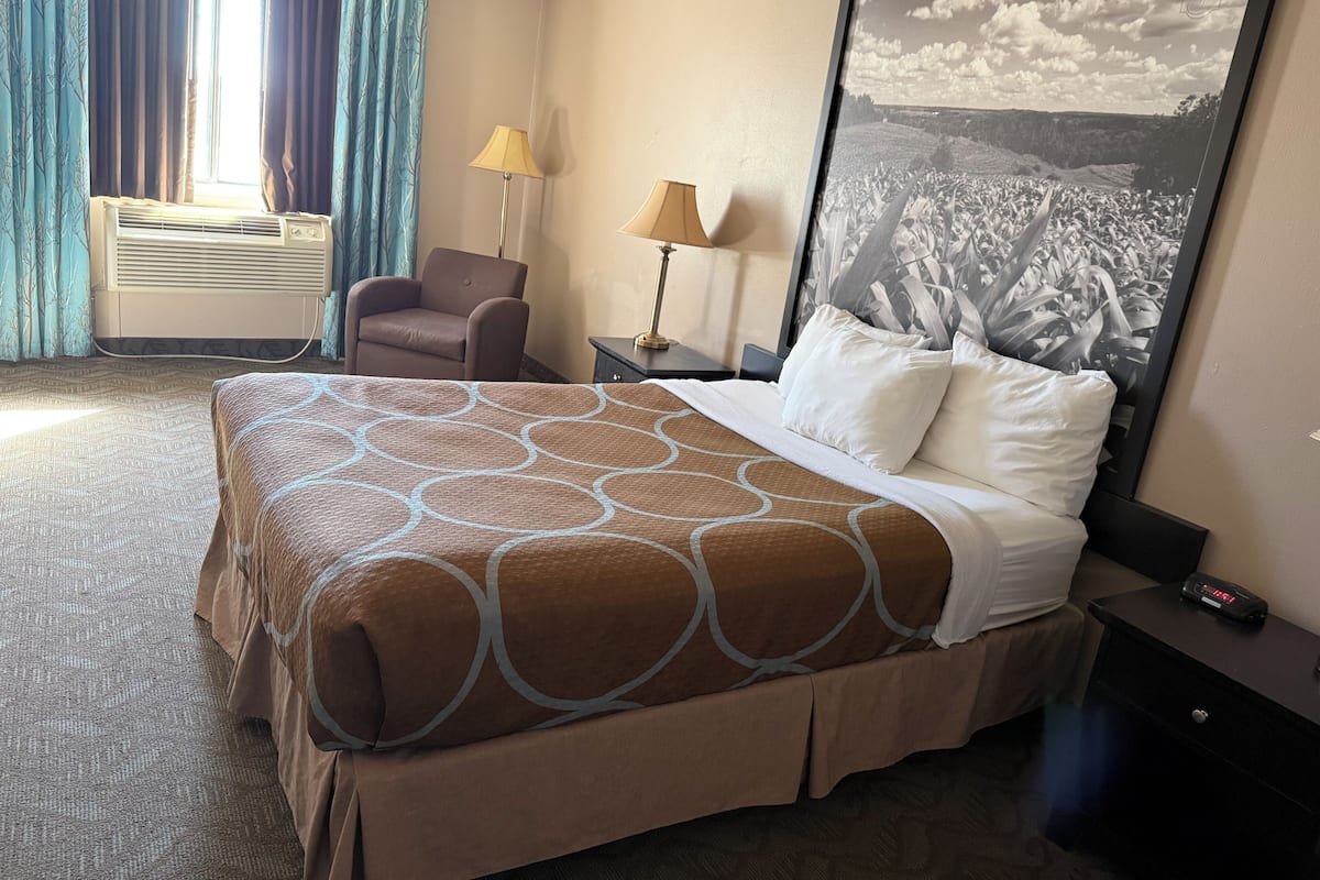 Una camera d'albergo con un letto, una sedia, una scrivania, una lampada e un grande quadro incorniciato appeso al muro.