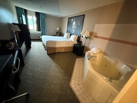 Una habitación de hotel con cama, escritorio, lámpara, un cuadro y una bañera.