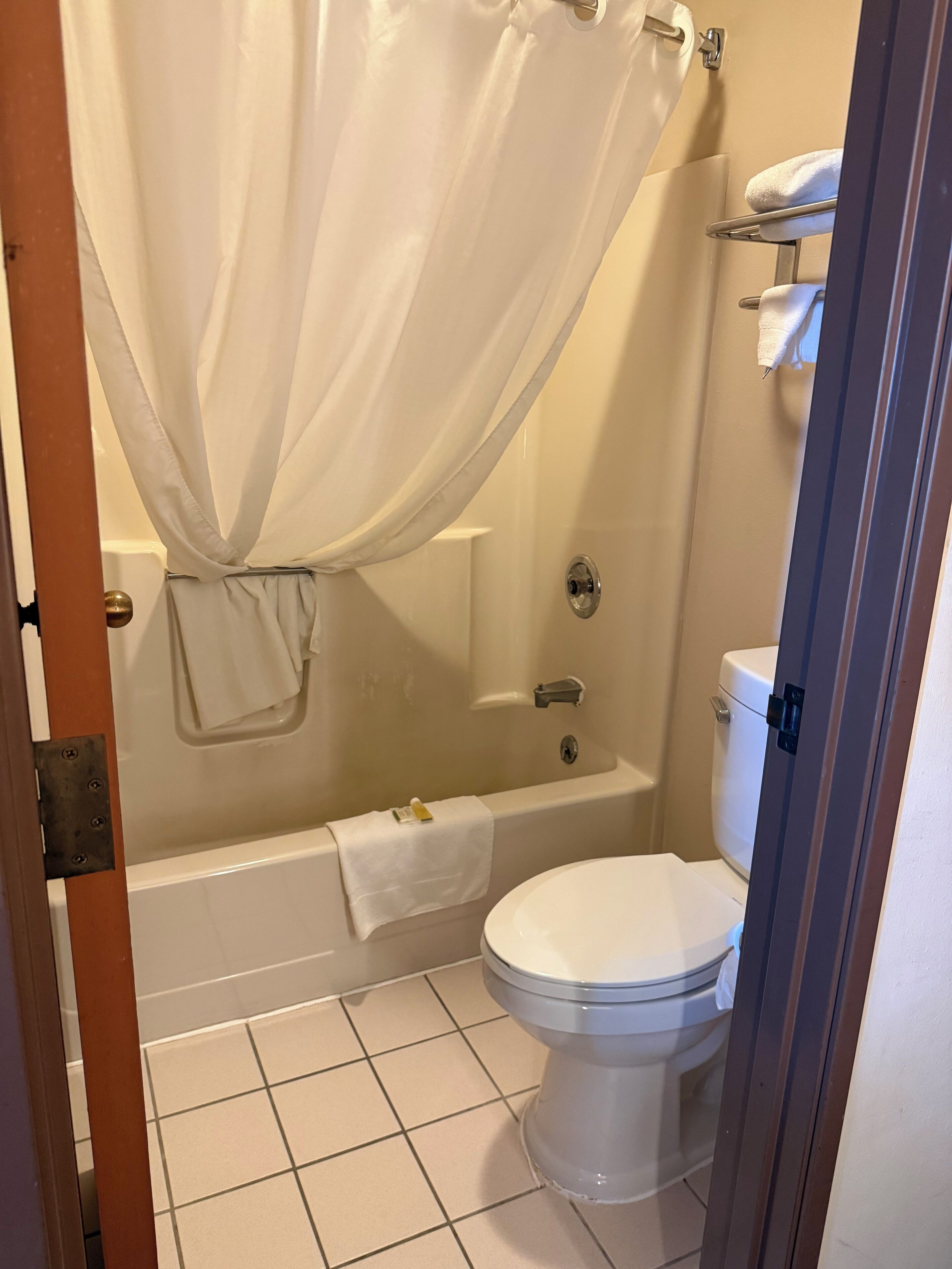 Une salle de bain avec une baignoire, des toilettes et un rideau de douche.
