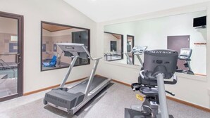 A gym with treadmills, a mirrored wall, and a door leading to a pool area.