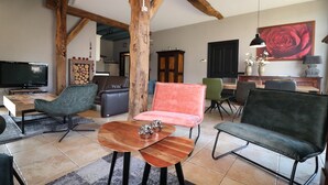 A spacious living room with a wooden ceiling, a television, and various seating options including a green chair, a pink chair, and a blue sofa. - Dalerveen Apartment With Sauna for 7 (Dalerveen)