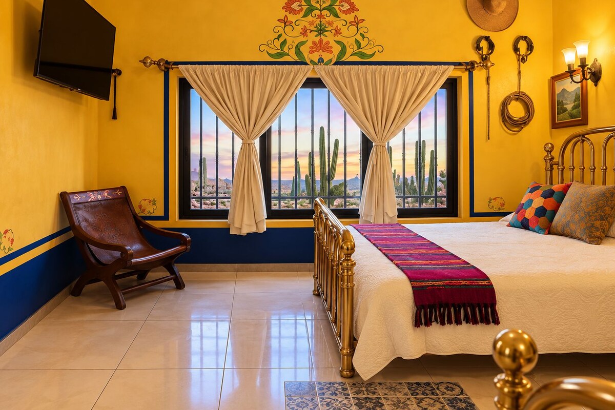 A room with a bed, a chair, a window with curtains, a wall-mounted TV, and a decorative wall piece.