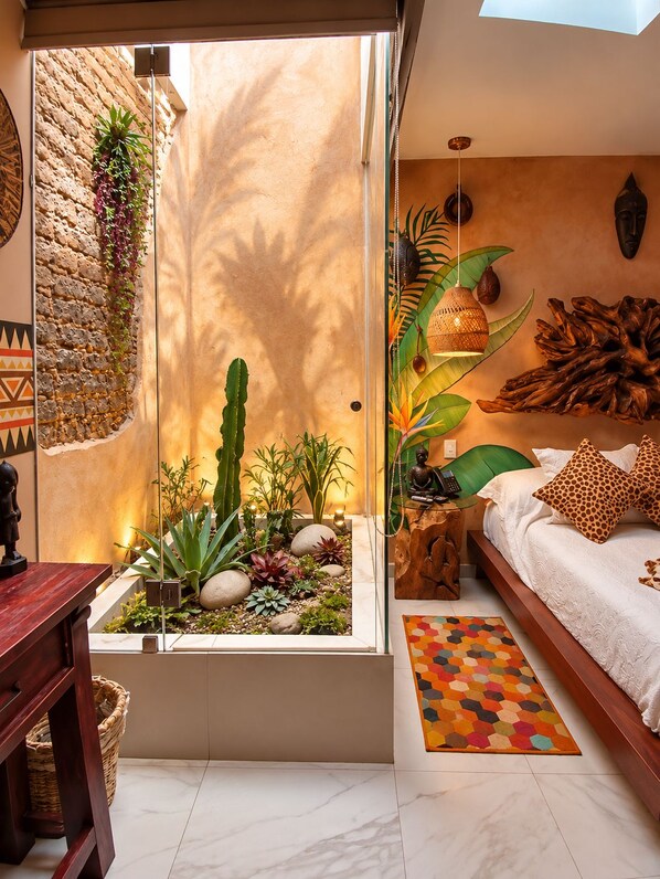 Een slaapkamer met een bed, een klein raam, een plant en decoratieve wanddecoratie.