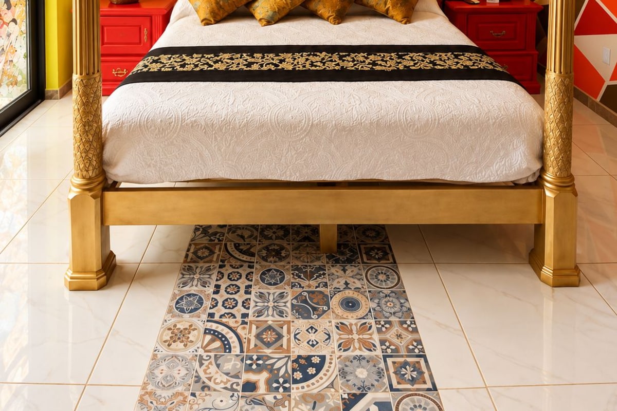 Ein Bett mit Baldachin, ausgestattet mit einem roten, gepolsterten Kopfteil, einer gemusterten Bettdecke und dekorativen Kissen.