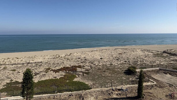 Una platja amb una vista clara de l'oceà, terreny sorrenc i vegetació escassa.