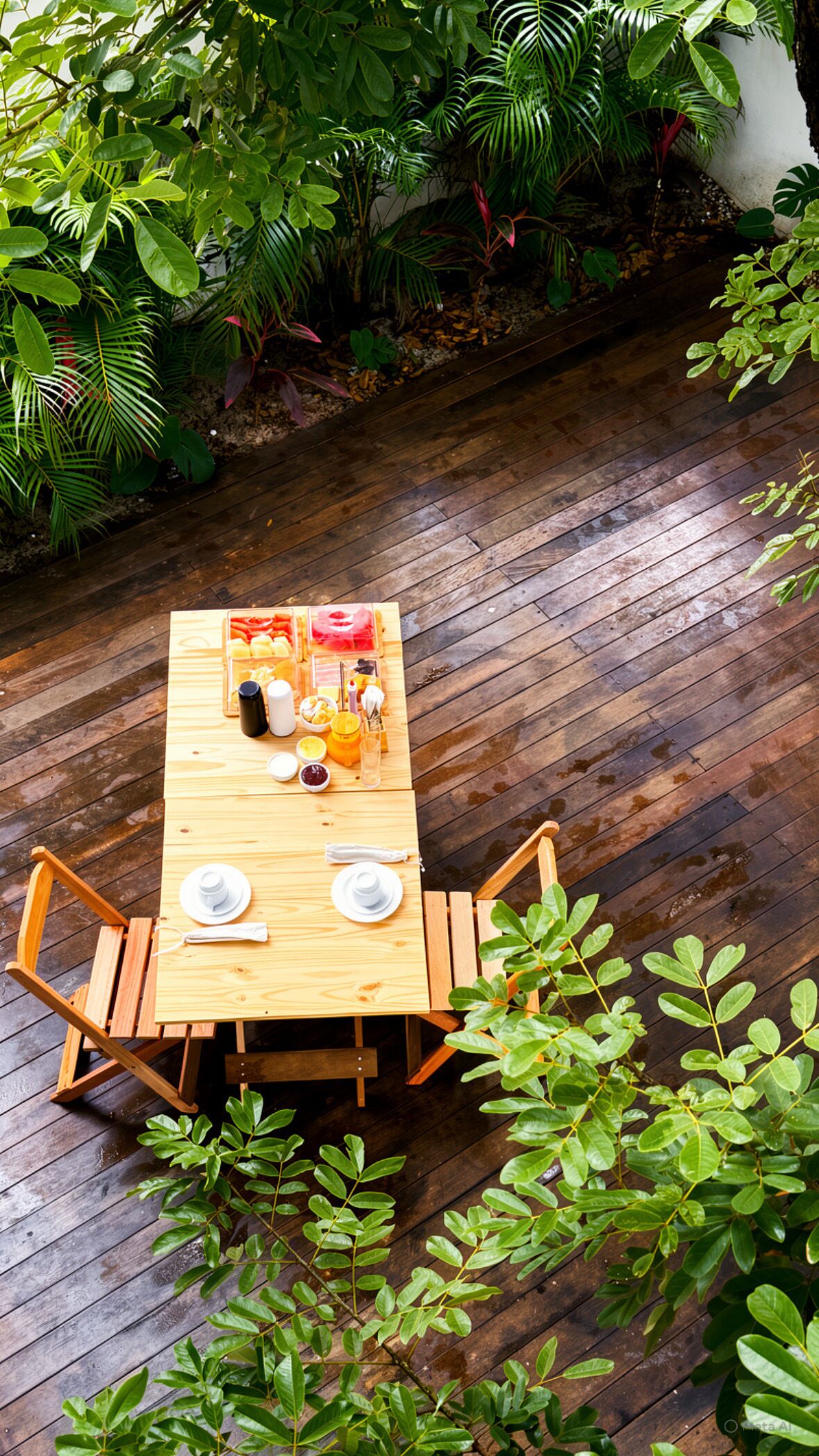 Une terrasse en bois avec une table dressée pour deux personnes, entourée d’une végétation luxuriante.