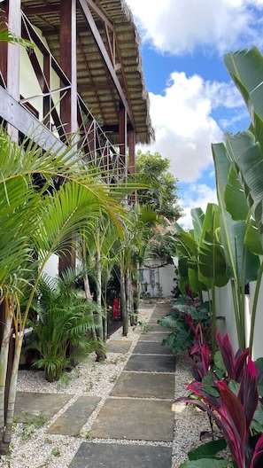 A pathway leading to a building with a thatched roof, surrounded by lush tropical plants.
