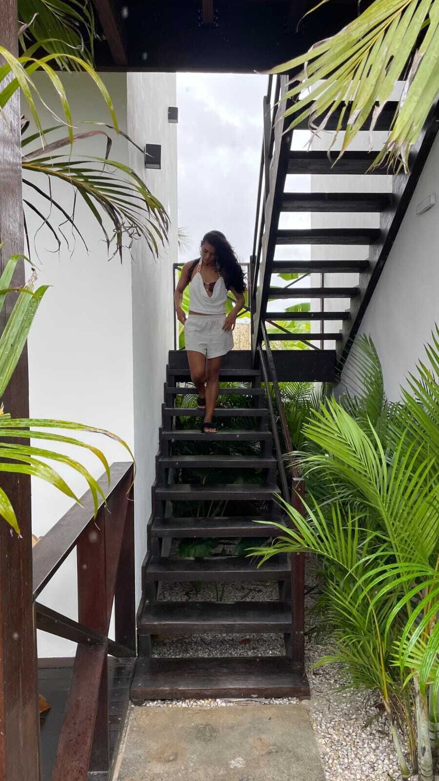 A person descending a wooden staircase with a white wall and greenery on either side.