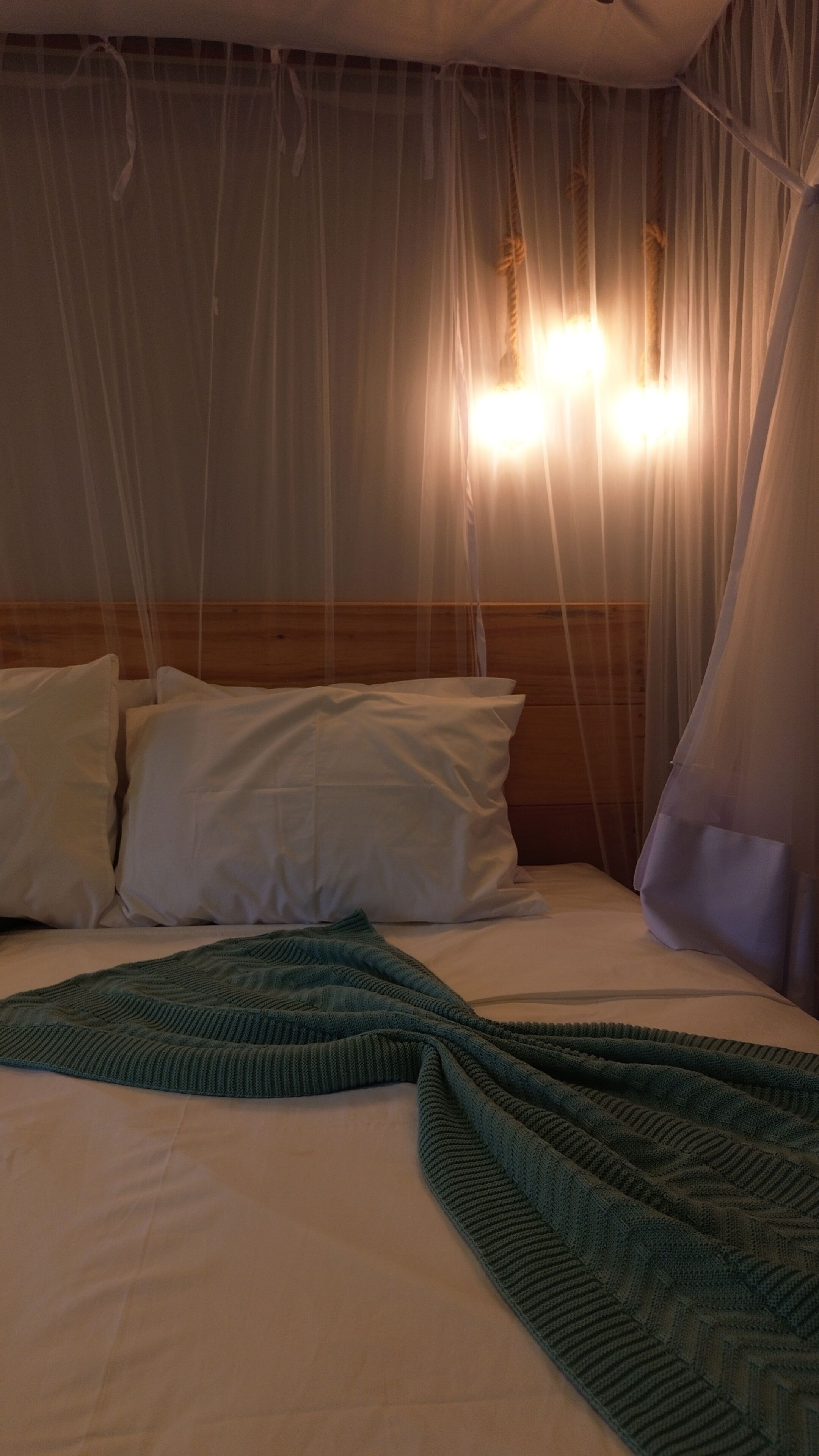 A bed with white pillows, a green blanket, and a mosquito net.