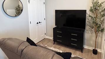Een woonkamer met een grijze bank, een zwart tv-meubel, een witte deur en een potplant.