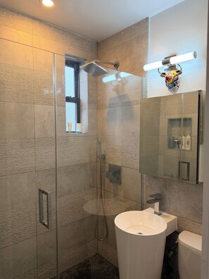 Hair dryer, towels, soap, toilet paper