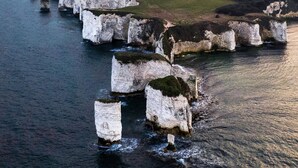 A coastal landscape with white chalk cliffs and a grassy hill in the background. - Cosy 2 bed retreat 10 mins to airport/beach/city ctr!  5 mins to train station (Bournemouth)