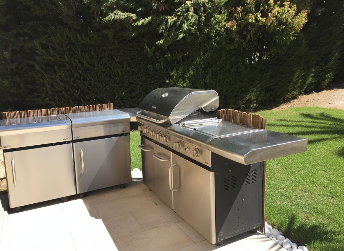 An outdoor kitchen with a grill, storage cabinets, and a countertop.