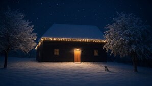 Een besneeerd landschap met een houten hutje verlicht met lichtslingers.