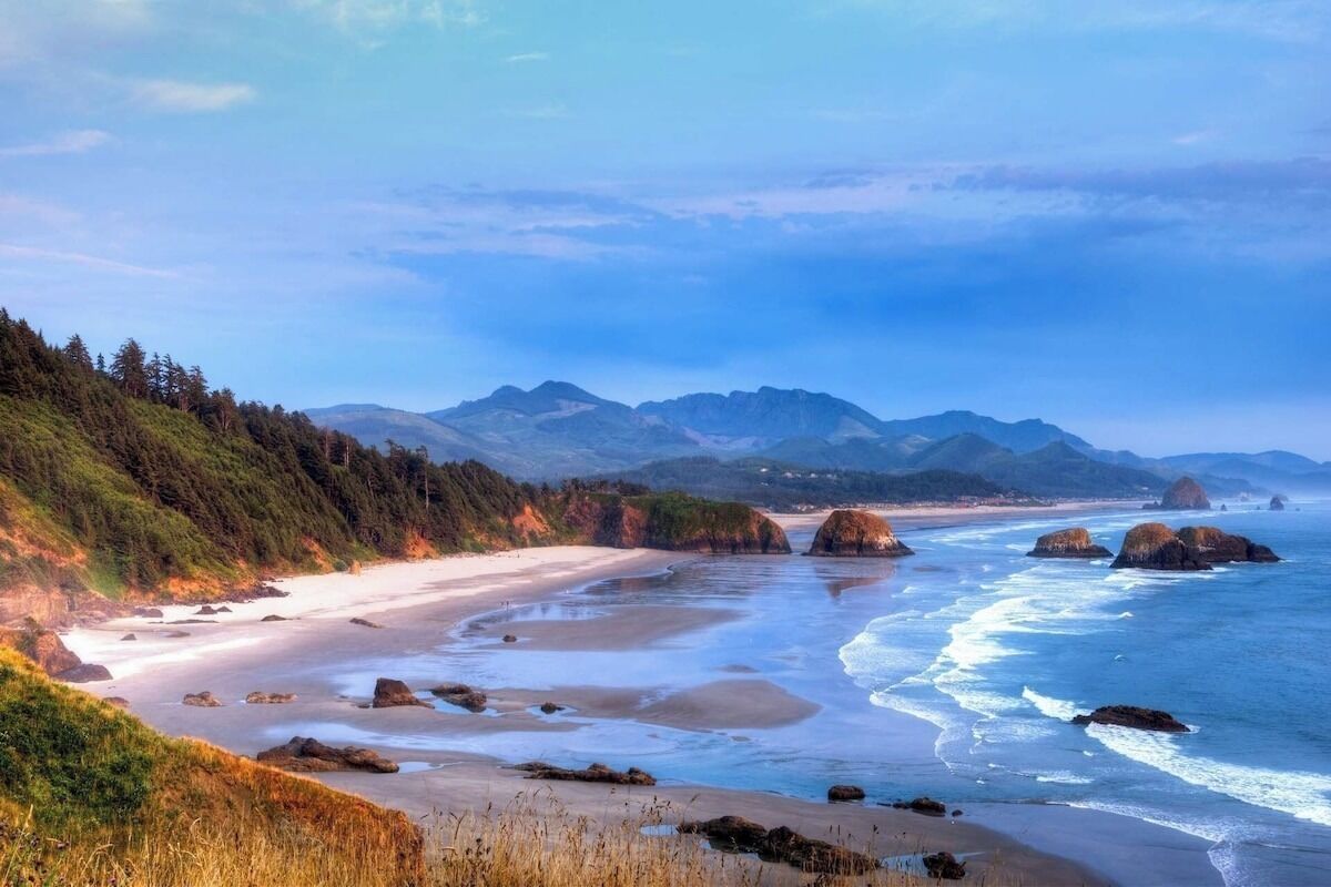 Paisagem costeira com uma praia arenosa, afloramentos rochosos e uma encosta arborizada.