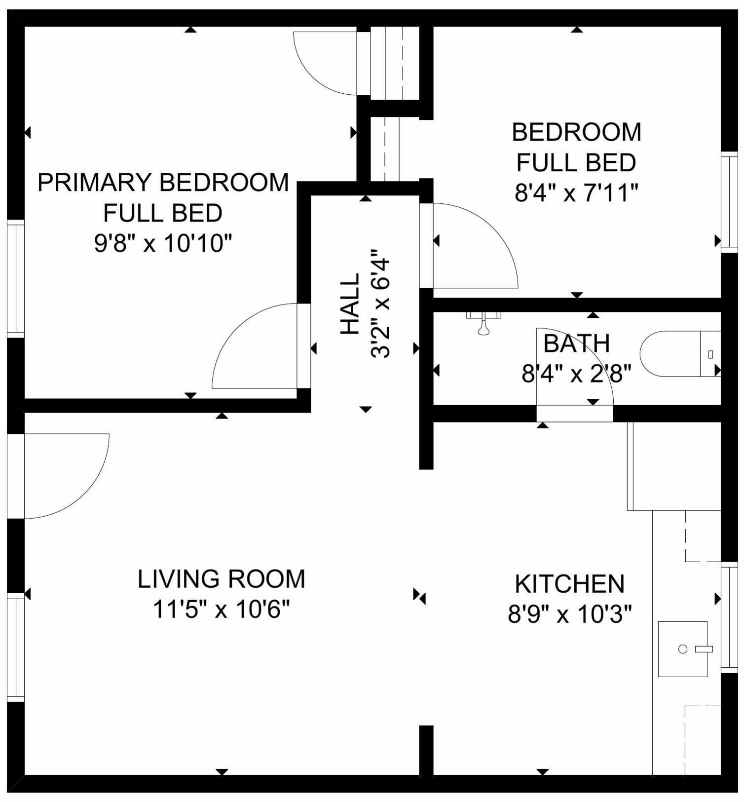 Ein Grundriss mit Hauptschlafzimmer, Gästezimmer, Wohnzimmer, Küche, Bad und Flur.