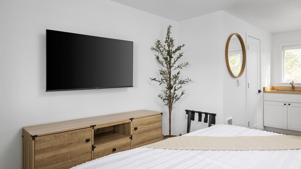 Un dormitorio con una cama, un aparador de madera, un televisor, un espejo y una planta.