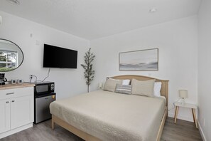Quarto com cama, televisão, pequeno espaço de cozinha e janela.
