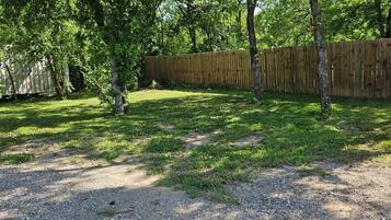 A backyard with a gravel path, trees, and a wooden fence.