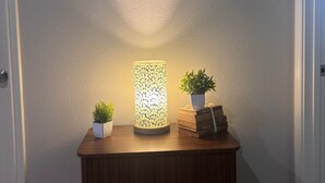Un meuble en bois agrémenté d’un luminaire décoratif et de plantes en pot.