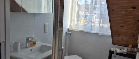 Shower, hair dryer, towels, soap