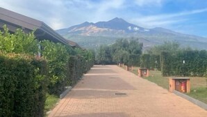 Un chemin pavé mène à un bâtiment, avec une montagne en arrière-plan.