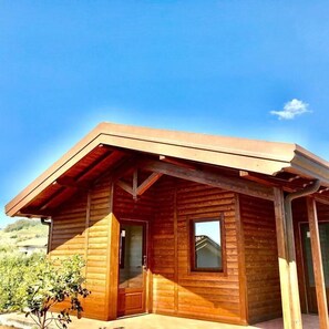 A modern log cabin with a sloped roof, wooden exterior, and a large window.