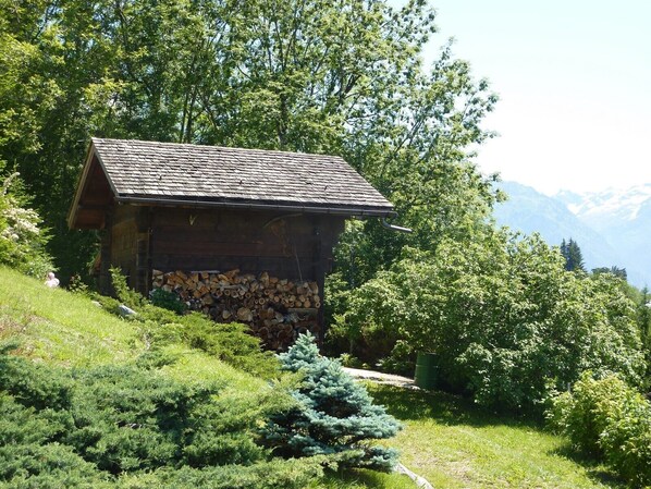 A rustic wooden cabin with a sloped roof, surrounded by lush greenery and trees. - Chalet with exceptional view of Mont Blanc! (PASSY)