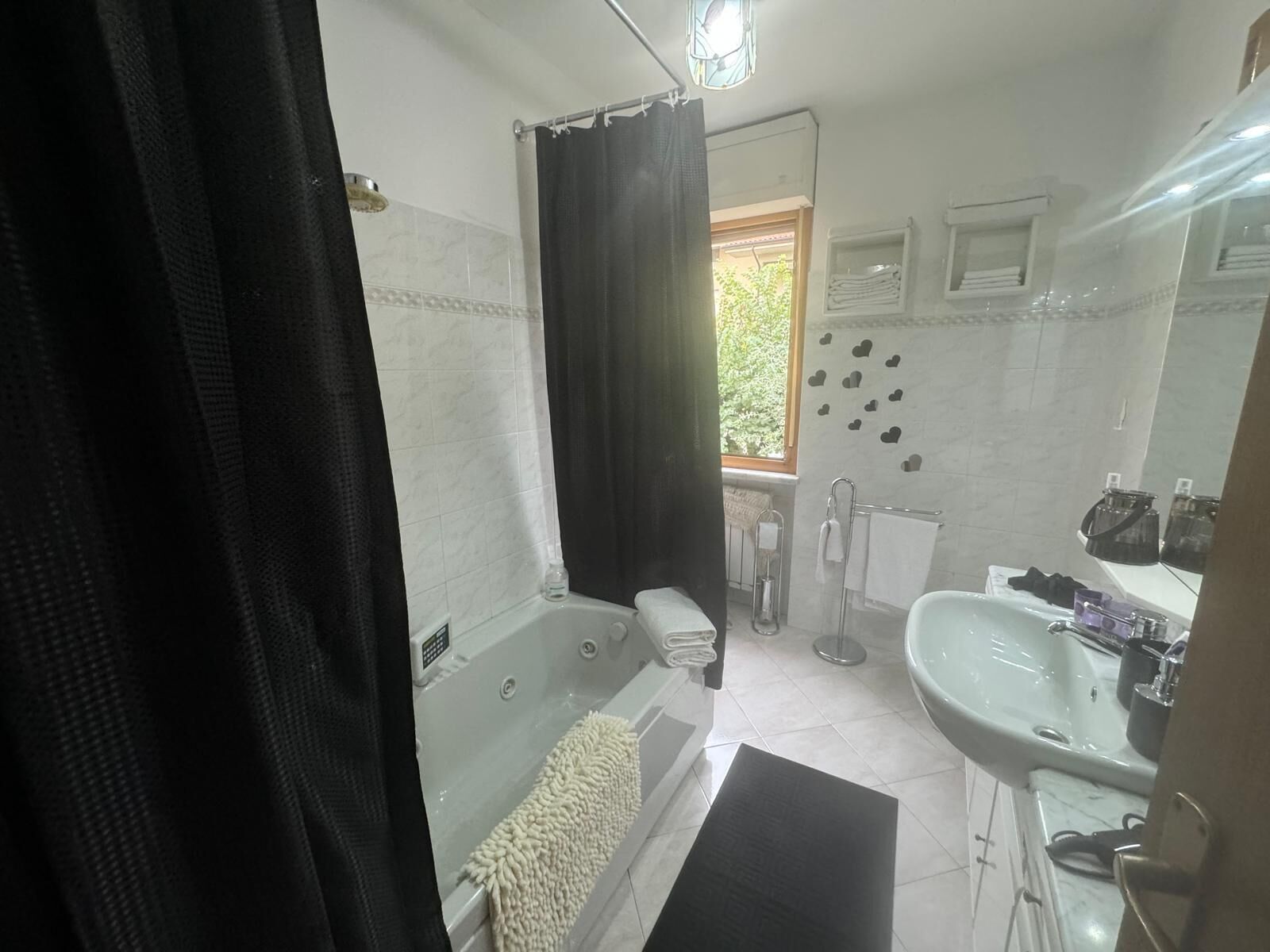 Hair dryer, bidet, towels, soap