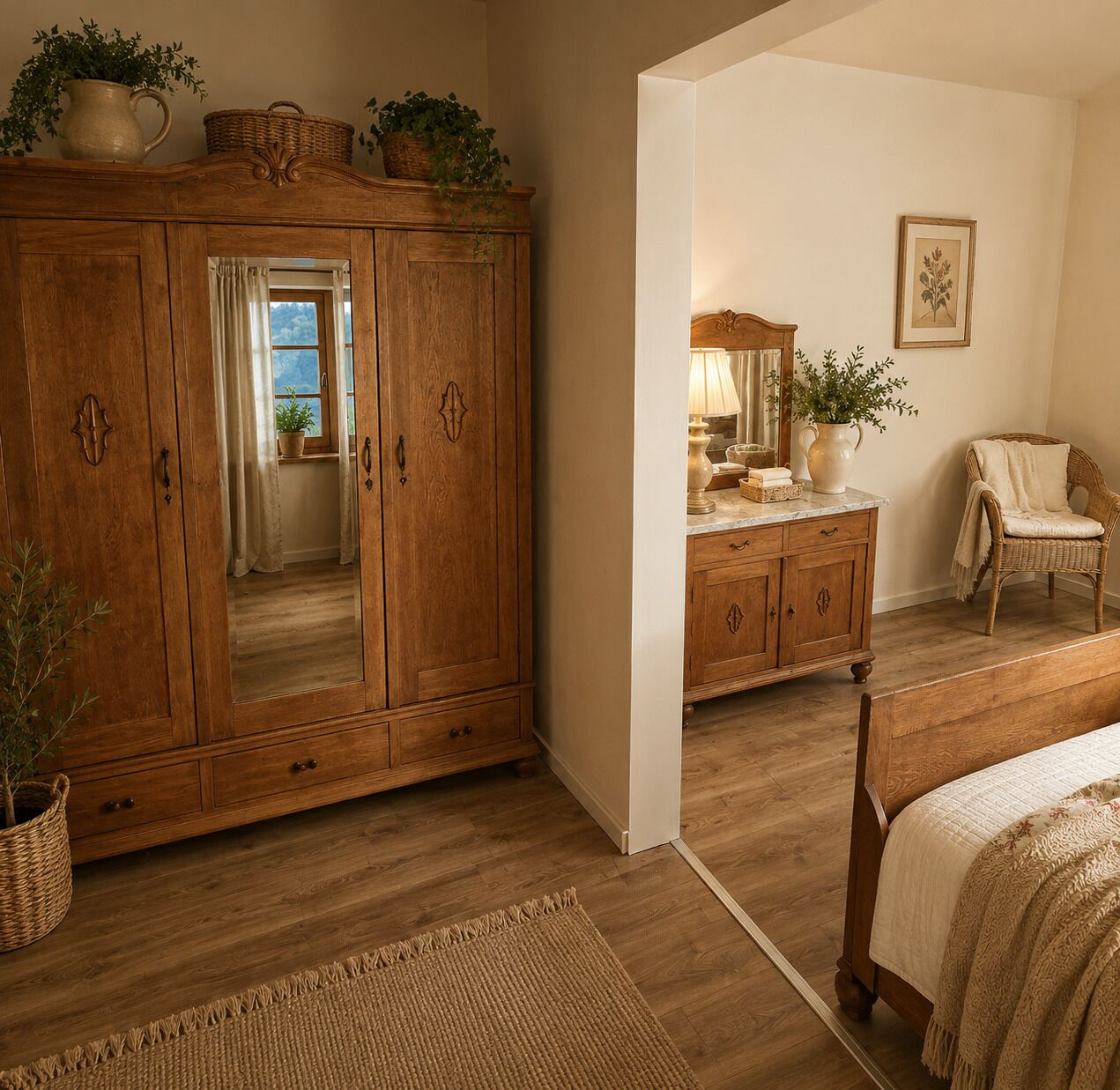 Ein Zimmer mit Holzschrank, Bett, Korbsessel und Spiegel.