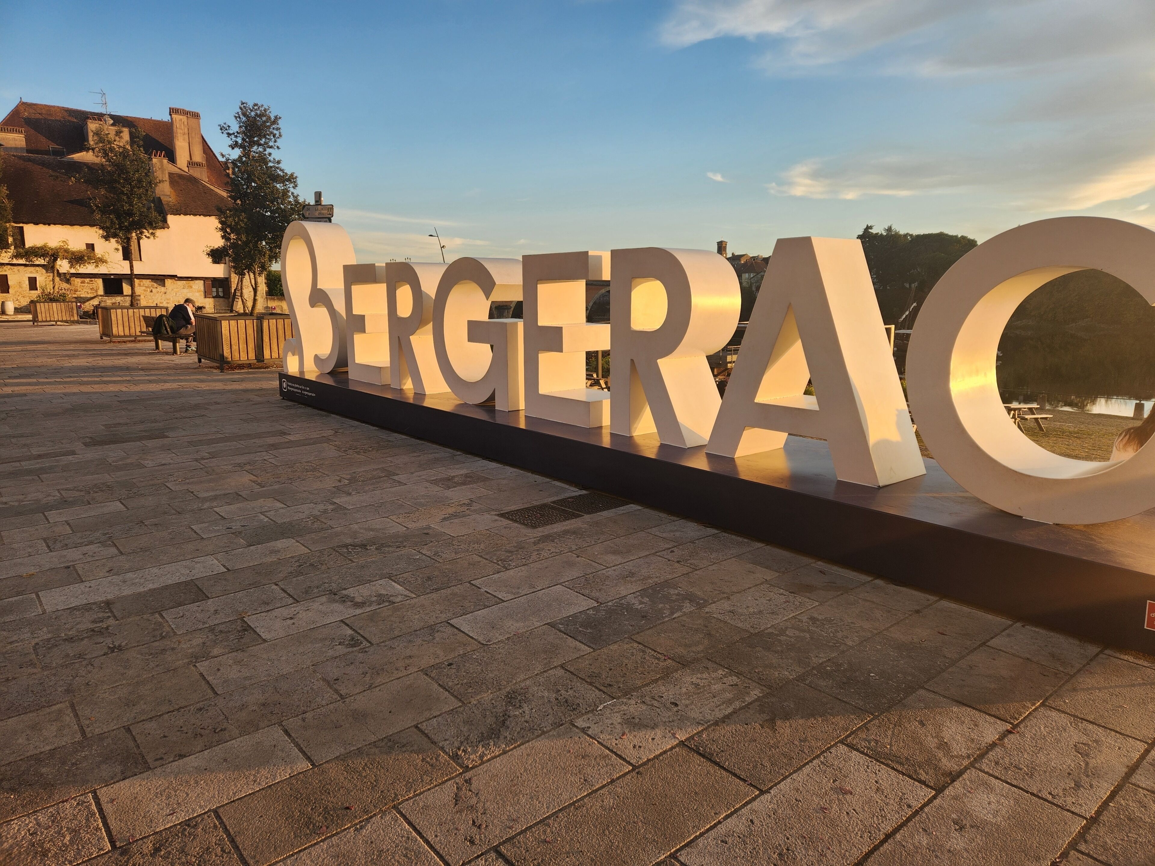 A large outdoor sign with the word 'BERGERAC' in capital letters.