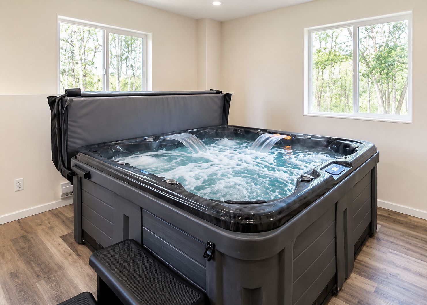 Un jacuzzi con banca, dos ventanas y vista a árboles.