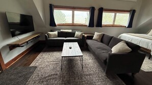 Ein gemütliches Zimmer mit Fernseher, Sofa und Bett.