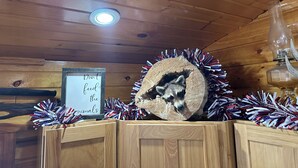 Interior de una cabaña de madera con un mapache en un escondite entre las ramas, un cartel que dice 'No alimentar a los animales' y una guirnalda decorativa.