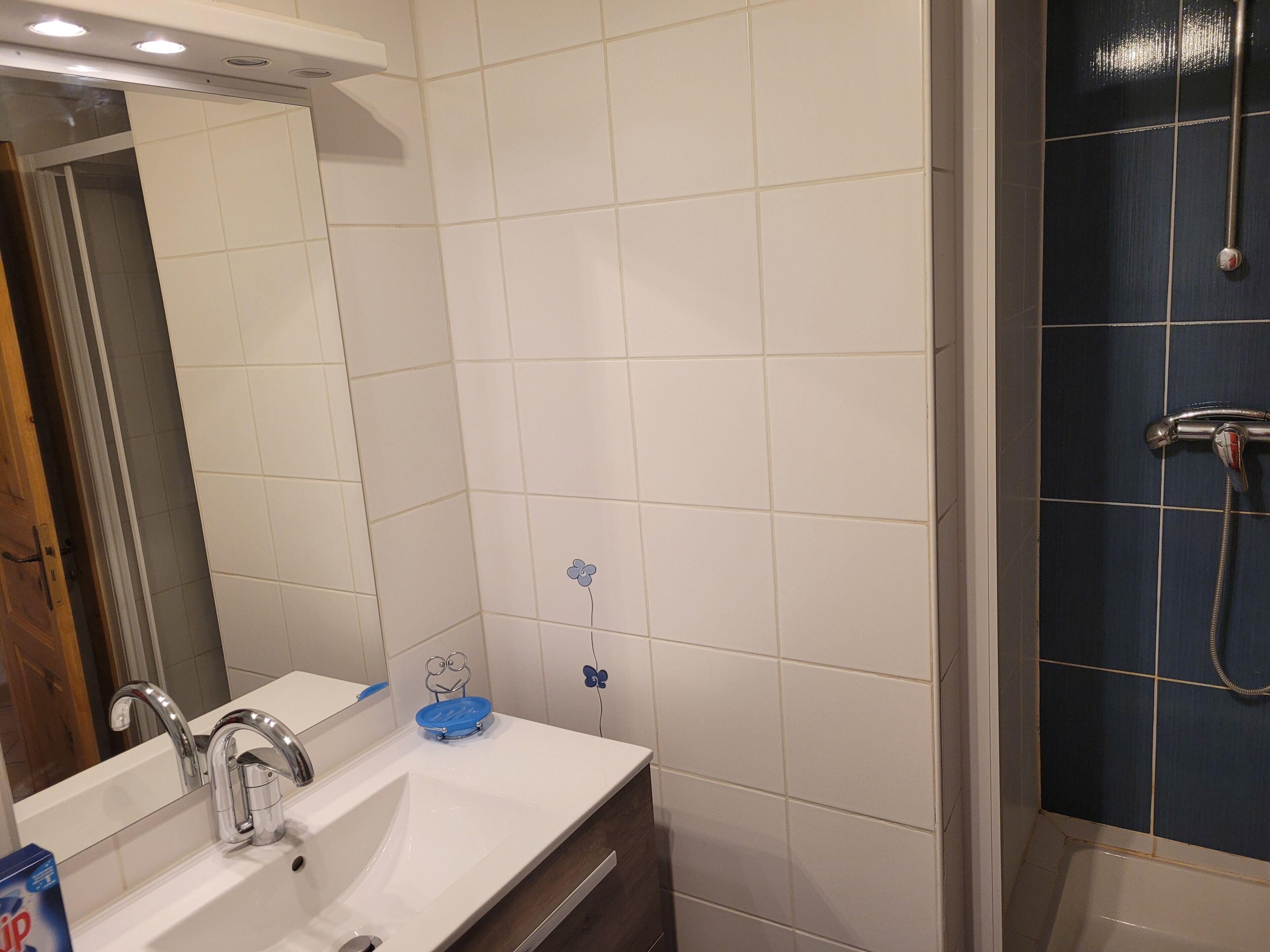 Een badkamer met een wastafel, spiegel en douche.