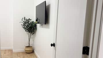 Um corredor com piso de madeira, porta branca, televisão montada e um vaso de planta.