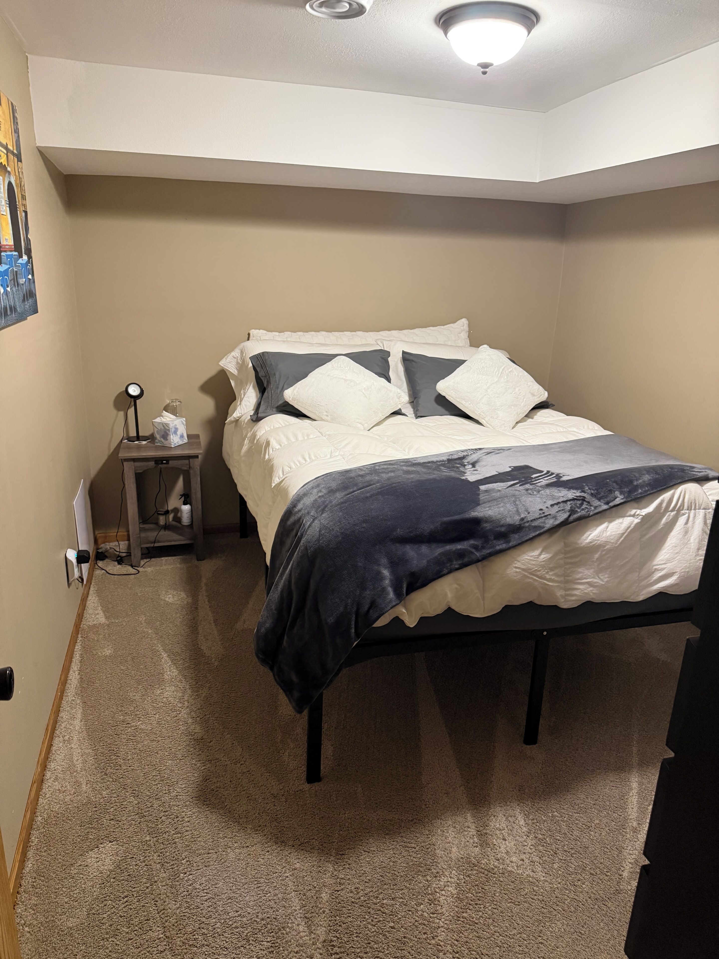 A bedroom with a bed, a nightstand, a lamp, and a ceiling light.