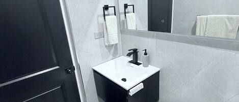 Shower, bidet, towels, soap