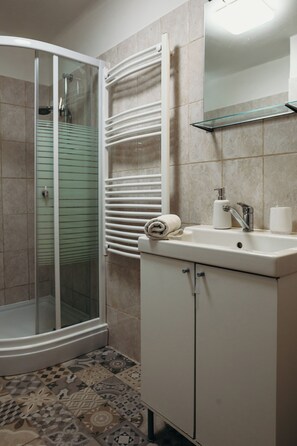 Dusche, Haartrockner, Handtücher, Seife