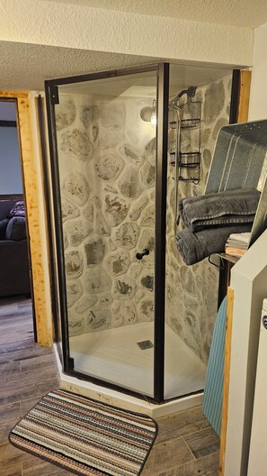 Shower, towels, soap, toilet paper