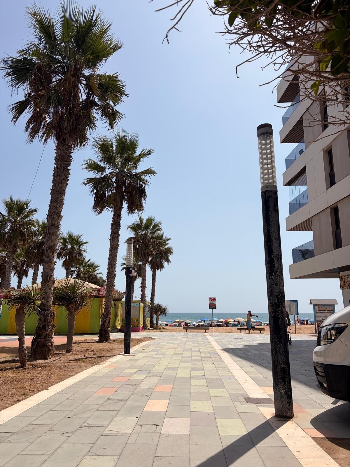 A paved walkway lined with palm trees, a beach in the background, and a modern building with balconies.