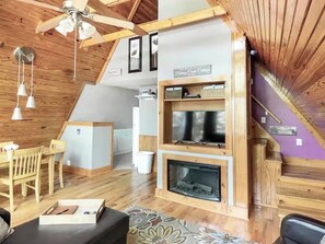 Smart TV, fireplace, video games, DVD player