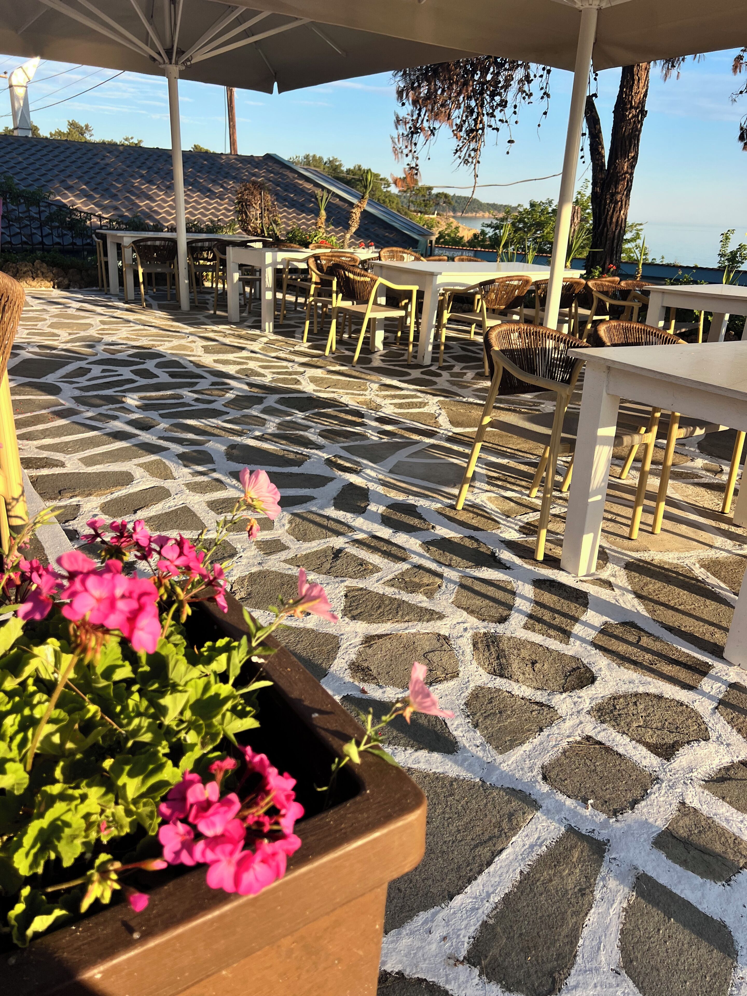 An outdoor seating area with tables and chairs, a patterned floor, and a view of the sea.