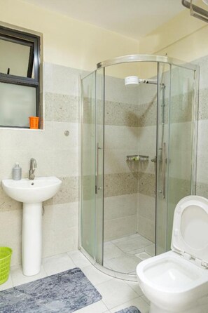 Douche, serviettes fournies, papier toilette