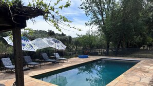 Une piscine entourée de chaises longues et de parasols, le tout bordé de dalles de pierre et d’arbres.