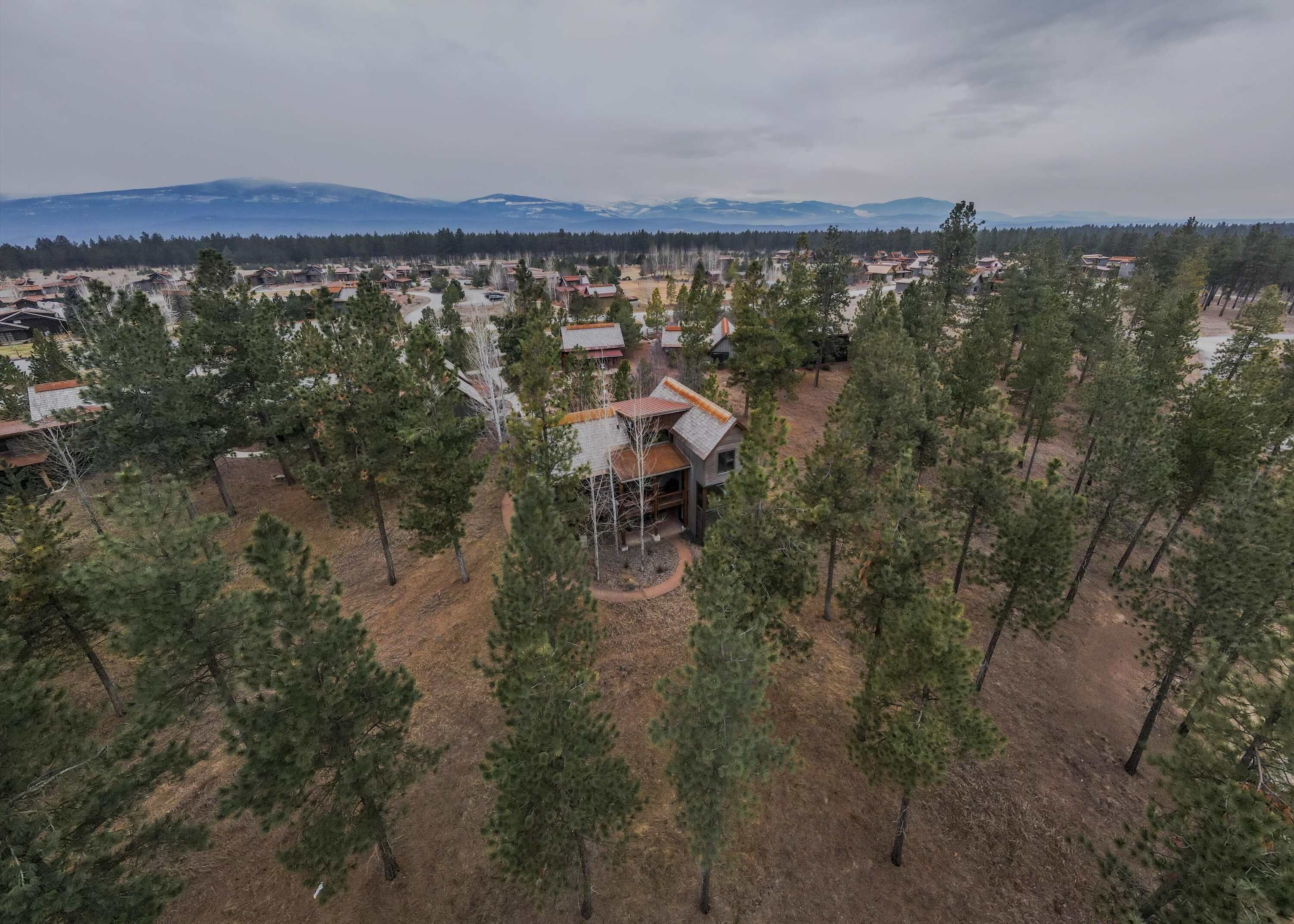 A residential area with houses surrounded by trees, a central building with a unique roof, and mountains in the background.