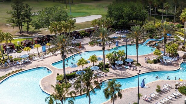 Une piscine divisée en plusieurs zones, entourée de palmiers et de chaises longues.