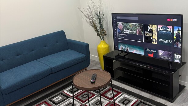 A living room with a blue sofa, a TV on a stand, a remote on a small table, and a patterned rug. - New basement suite in a beautiful & nice location (Winnipeg)