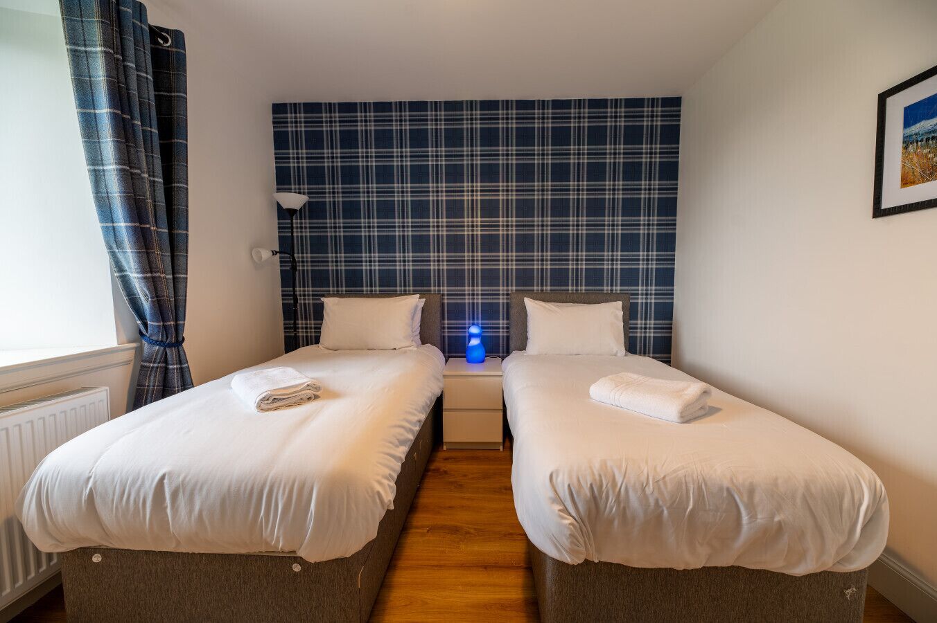 A double room with two beds, a plaid headboard, a bedside lamp, and a framed picture on the wall.