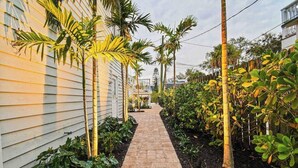 Un sendero bordeado por plantas y un edificio.